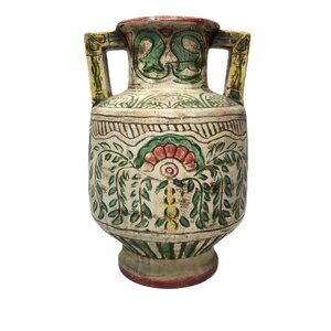 Antique Japanese Pottery Vase Hand Painted Floral Handles Vintage